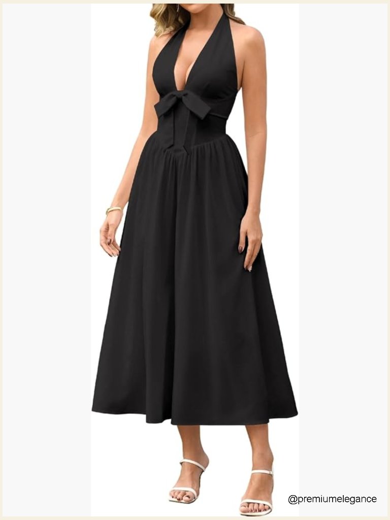 Halter Bow Midi A-Line Smocked Sundress Flowy V-Neck Casual Wedding Guest